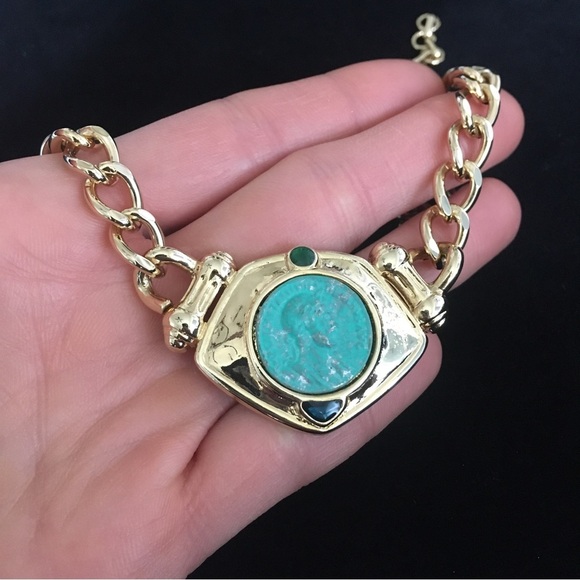 Giovanni Torlonia Jewelry - Giovanni Torlonia Vintage Green Coin Gold Tone Necklace